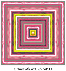 Seamless striped, rectangle, ornamental pattern. Square lines with torn paper effect. Shred edge background. Magenta, gray, white, yellow colored. Winter sunrise. Vector