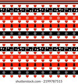 Patrón de Navidad rojo-negro sin foco con árboles de Navidad, copos de nieve, estrellas, corazones sobre un fondo blanco. Ilustración vectorial del diseño de Año Nuevo.