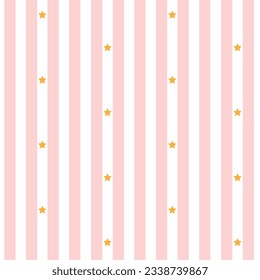 Seamless striped retro pattern with stars. Vector illustration. Vintage background with vertical pink stripes and gold stars.
