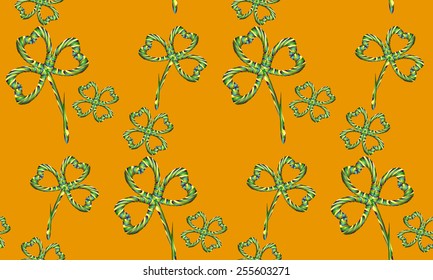 Seamless Striped Ribbon Style Shamrock pattern on orange vector background. Leaf clover design perfect for St. Patrick's Day. Love Concept Cross. Used for wallpaper, pattern fills, surface textures.