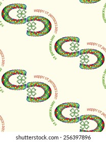 Seamless Striped Ribbon Style Shamrock & Horseshoe pattern on beige vector background. Lucky four-leaf clover design. St. Patrick's Day greetings. Love Concept Cross. Used for wallpaper, pattern fill.