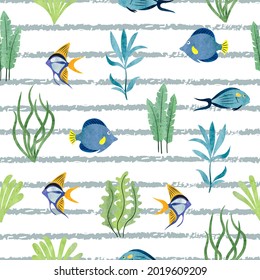 Seamless striped sea fish pattern. Underwater background with hand drawn seaweeds and fish