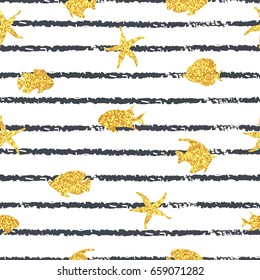 Seamless striped sea pattern with golden fish. Vector trendy marine background. 
