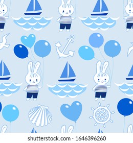 Seamless striped sea pattern. Ornamental childish background with bunnies, ballons, sailboats, shell, anchor and steering wheel. Summer illustration with marine elements