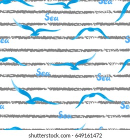 Seamless striped sea pattern with watercolor seagulls. Vector summer background.