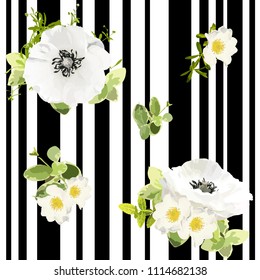 Patrón floral sin foco de rayas con flor de jardín adormidera blanca y hojas rosas, verdes. Marco decorativo a la moda. Ilustración del vector