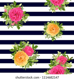 Seamless striped style floral pattern with garden flower yellow and pink roses, green leaves. Trendy decorative backdrop. Vector illustration