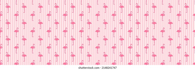 Seamless striped texture with flamingos. Cartoon birds. Web banner. Colorful illustration