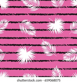 Seamless striped tropical pattern with palm leaves. Vector trendy pattern. 