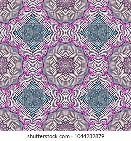 Seamless striped vector pattern. Colored decorative repainting background with tribal and ethnic motifs. Abstract geometric roughly hatched detailed shapes with black contour.