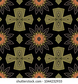 Seamless striped vector pattern. Colored decorative repainting background with tribal and ethnic motifs. Abstract geometric roughly hatched detailed shapes with black contour.
