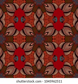 Seamless striped vector pattern. Colored decorative repainting background with tribal and ethnic motifs. Abstract geometric roughly hatched detailed shapes with black contour.