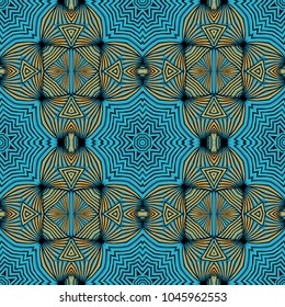 Seamless striped vector pattern. Colored decorative repainting background with tribal and ethnic motifs. Abstract geometric roughly hatched detailed shapes with black contour.