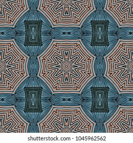 Seamless striped vector pattern. Colored decorative repainting background with tribal and ethnic motifs. Abstract geometric roughly hatched detailed shapes with black contour.