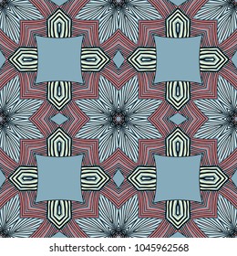 Seamless striped vector pattern. Colored decorative repainting background with tribal and ethnic motifs. Abstract geometric roughly hatched detailed shapes with black contour.