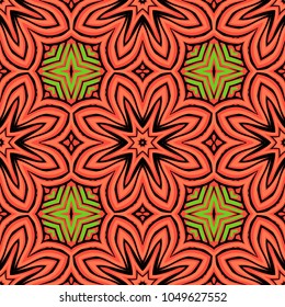Seamless striped vector pattern. Colored decorative repainting background with tribal and ethnic motifs. Abstract geometric roughly hatched detailed shapes with black contour.