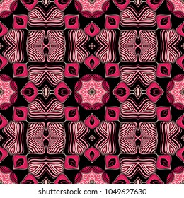 Seamless striped vector pattern. Colored decorative repainting background with tribal and ethnic motifs. Abstract geometric roughly hatched detailed shapes with black contour.