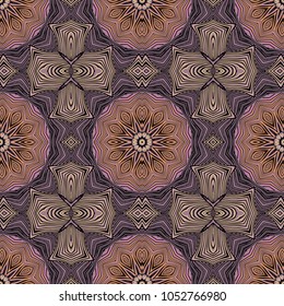 Seamless striped vector pattern. Colored decorative repainting background with tribal and ethnic motifs. Abstract geometric roughly hatched detailed shapes with black contour.