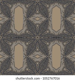 Seamless striped vector pattern. Colored decorative repainting background with tribal and ethnic motifs. Abstract geometric roughly hatched detailed shapes with black contour.