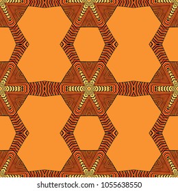 Seamless striped vector pattern. Colored decorative repainting background with tribal and ethnic motifs. Abstract geometric roughly hatched detailed shapes with black contour.
