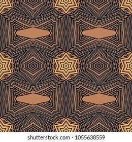 Seamless striped vector pattern. Colored decorative repainting background with tribal and ethnic motifs. Abstract geometric roughly hatched detailed shapes with black contour.