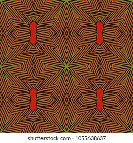 Seamless striped vector pattern. Colored decorative repainting background with tribal and ethnic motifs. Abstract geometric roughly hatched detailed shapes with black contour.