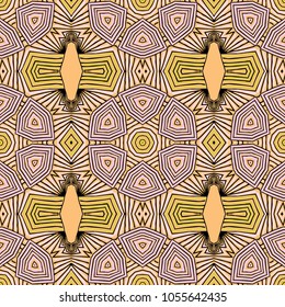 Seamless striped vector pattern. Colored decorative repainting background with tribal and ethnic motifs. Abstract geometric roughly hatched detailed shapes with black contour.