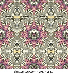 Seamless striped vector pattern. Colored decorative repainting background with tribal and ethnic motifs. Abstract geometric roughly hatched detailed shapes with black contour.