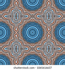 Seamless striped vector pattern. Colored decorative repainting background with tribal and ethnic motifs. Abstract geometric roughly hatched detailed shapes with black contour.