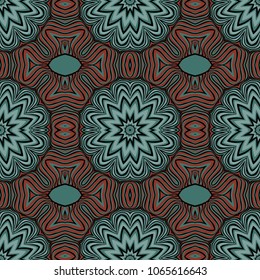 Seamless striped vector pattern. Colored decorative repainting background with tribal and ethnic motifs. Abstract geometric roughly hatched detailed shapes with black contour.