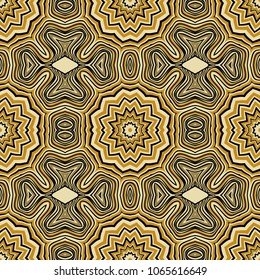 Seamless striped vector pattern. Colored decorative repainting background with tribal and ethnic motifs. Abstract geometric roughly hatched detailed shapes with black contour.