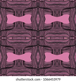 Seamless striped vector pattern. Colored decorative repainting background with tribal and ethnic motifs. Abstract geometric roughly hatched detailed shapes with black contour.