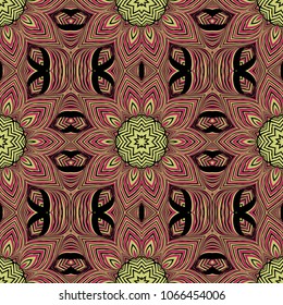 Seamless striped vector pattern. Colored decorative repainting background with tribal and ethnic motifs. Abstract geometric roughly hatched detailed shapes with black contour.