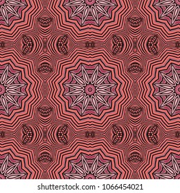 Seamless striped vector pattern. Colored decorative repainting background with tribal and ethnic motifs. Abstract geometric roughly hatched detailed shapes with black contour.