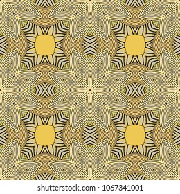 Seamless striped vector pattern. Colored decorative repainting background with tribal and ethnic motifs. Abstract geometric roughly hatched detailed shapes with black contour.