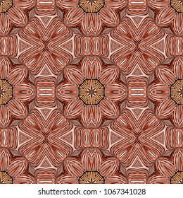 Seamless striped vector pattern. Colored decorative repainting background with tribal and ethnic motifs. Abstract geometric roughly hatched detailed shapes with black contour.