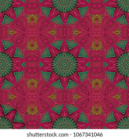 Seamless striped vector pattern. Colored decorative repainting background with tribal and ethnic motifs. Abstract geometric roughly hatched detailed shapes with black contour.