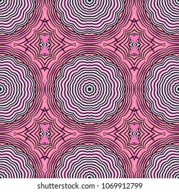 Seamless striped vector pattern. Colored decorative repainting background with tribal and ethnic motifs. Abstract geometric roughly hatched detailed shapes with black contour.