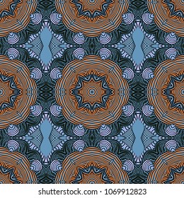 Seamless striped vector pattern. Colored decorative repainting background with tribal and ethnic motifs. Abstract geometric roughly hatched detailed shapes with black contour.