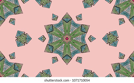 Seamless striped vector pattern. Colored decorative repainting background with tribal and ethnic motifs. Abstract geometric roughly hatched detailed shapes with black contour.