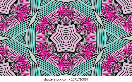 Seamless striped vector pattern. Colored decorative repainting background with tribal and ethnic motifs. Abstract geometric roughly hatched detailed shapes with black contour.