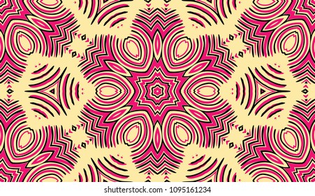 Seamless striped vector pattern. Colored decorative repainting background with tribal and ethnic motifs. Abstract geometric roughly hatched detailed shapes with black contour.