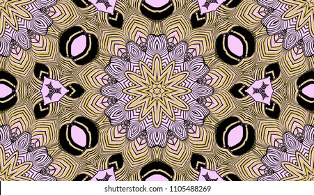 Seamless striped vector pattern. Colored decorative repainting background with tribal and ethnic motifs. Abstract geometric roughly hatched detailed shapes with black contour.
