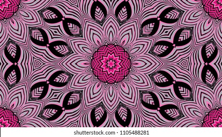 Seamless striped vector pattern. Colored decorative repainting background with tribal and ethnic motifs. Abstract geometric roughly hatched detailed shapes with black contour.