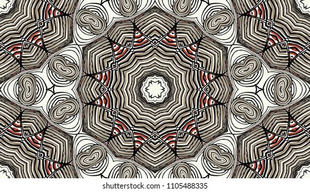 Seamless striped vector pattern. Colored decorative repainting background with tribal and ethnic motifs. Abstract geometric roughly hatched detailed shapes with black contour.