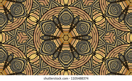 Seamless striped vector pattern. Colored decorative repainting background with tribal and ethnic motifs. Abstract geometric roughly hatched detailed shapes with black contour.