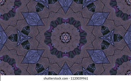 Seamless striped vector pattern. Colored decorative repainting background with tribal and ethnic motifs. Abstract geometric roughly hatched detailed shapes with black contour.