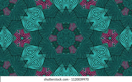 Seamless striped vector pattern. Colored decorative repainting background with tribal and ethnic motifs. Abstract geometric roughly hatched detailed shapes with black contour.