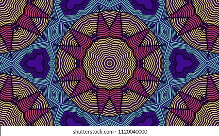 Seamless striped vector pattern. Colored decorative repainting background with tribal and ethnic motifs. Abstract geometric roughly hatched detailed shapes with black contour.