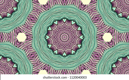 Seamless striped vector pattern. Colored decorative repainting background with tribal and ethnic motifs. Abstract geometric roughly hatched detailed shapes with black contour.
